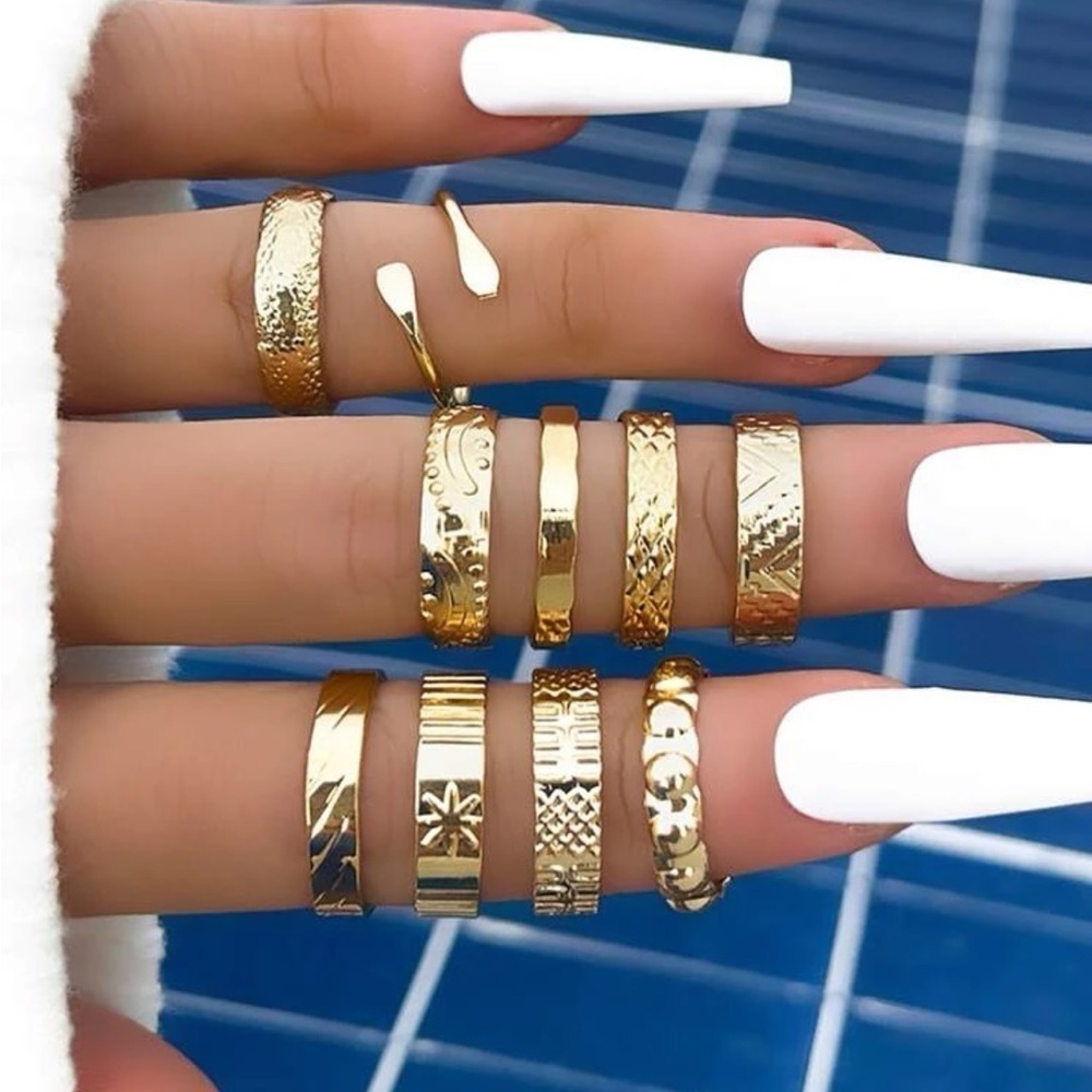 Gold 10pc Textured Ring Set